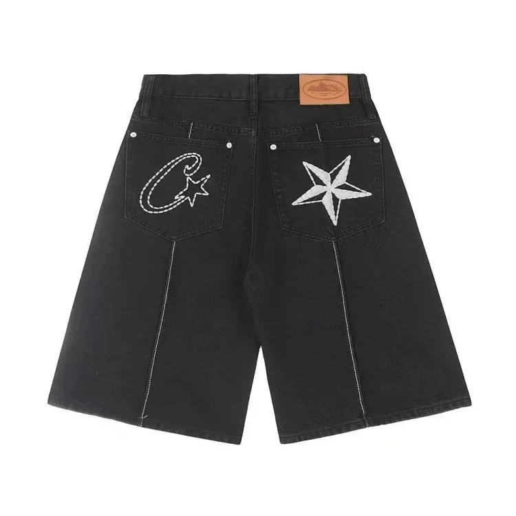  Black Star Embroidered Denim Shorts - UrbanStyle