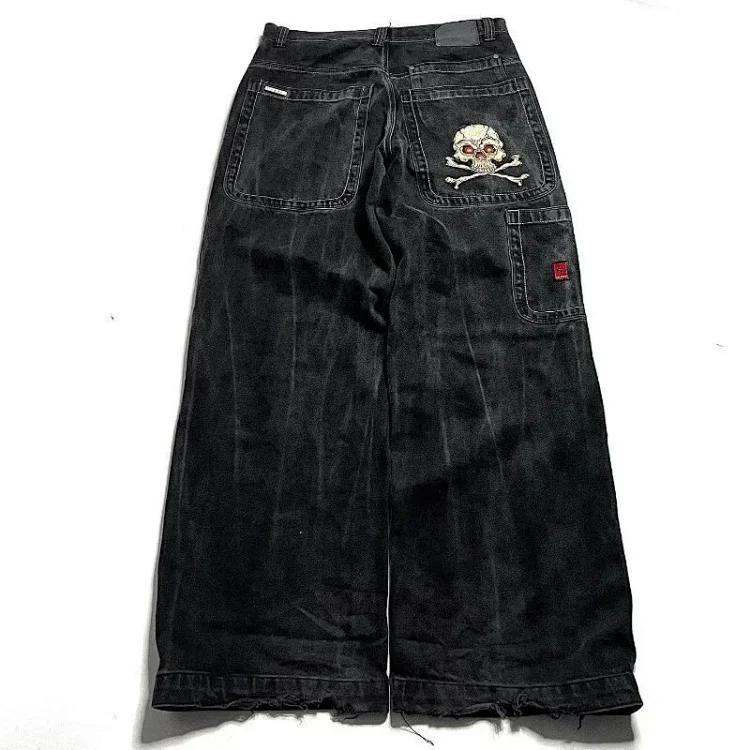 Black Denim Skull Embroidered Wide Leg Pants Denim Pants