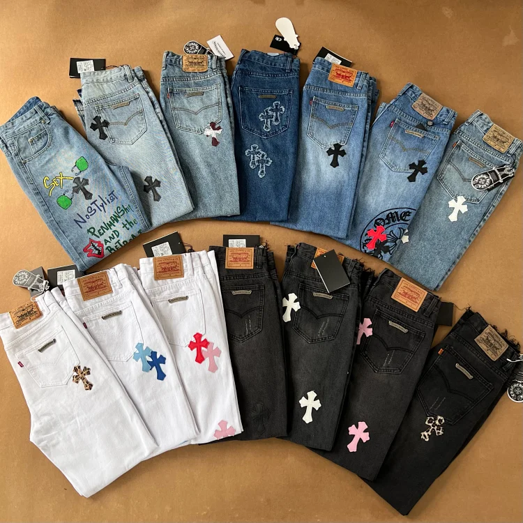 Cross-Embroidered Jeans for Men Women - Stylish Denim Pants Cross Pants