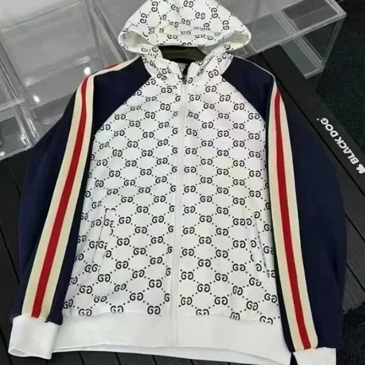 Gucci GG Logo Hoodie Jacket - White with Navy Stripes