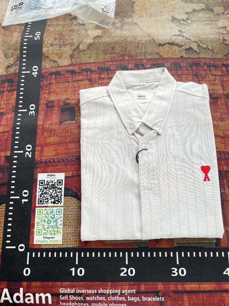 Ami Light Blue Short-Sleeve Button-Up Shirt with Red Logo