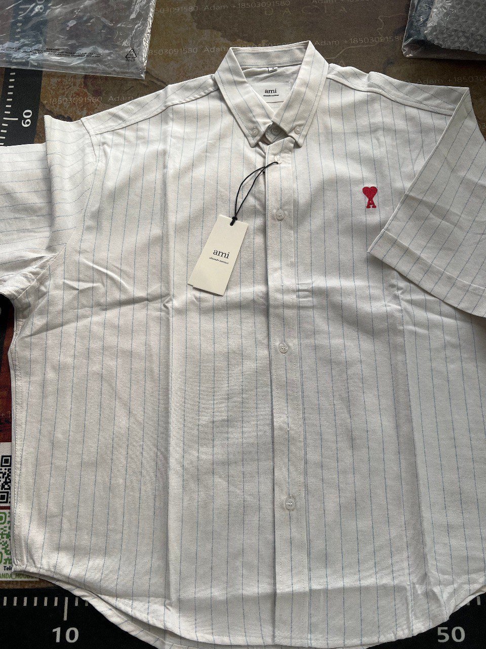 Ami Light Blue Short-Sleeve Button-Up Shirt with Red Logo