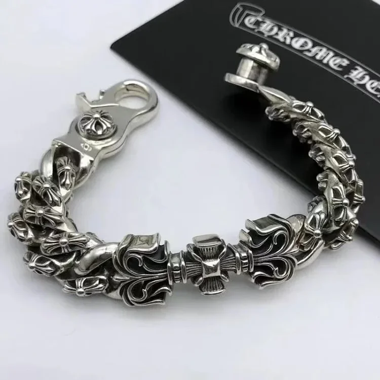 Chrome Hearts Silver Floral Bracelet with Cross Design