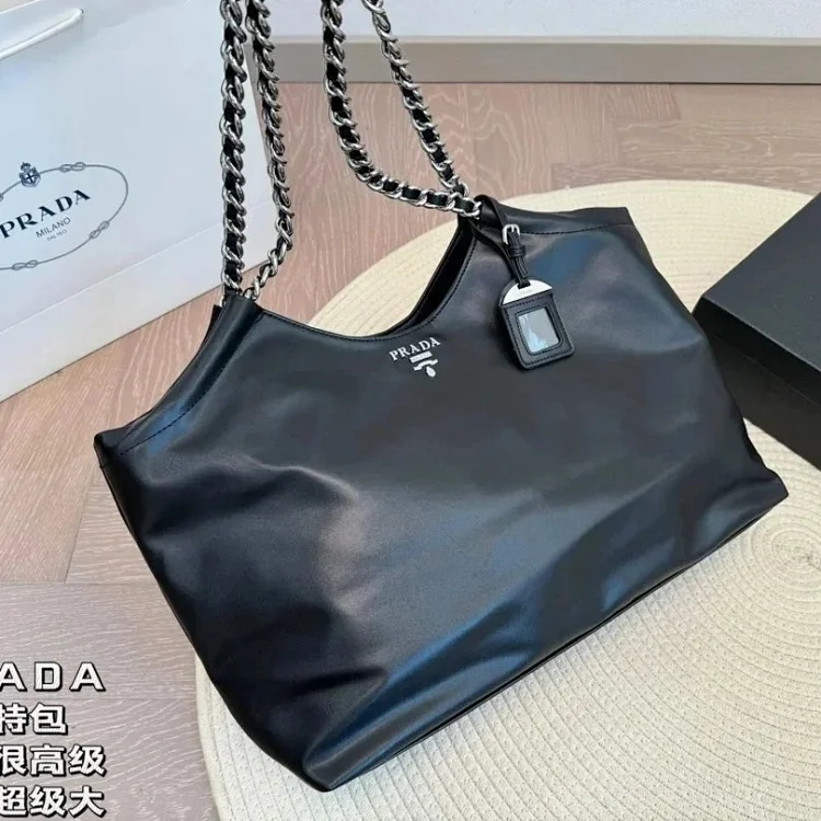Prada Black Leather Tote Bag with Chain Strap