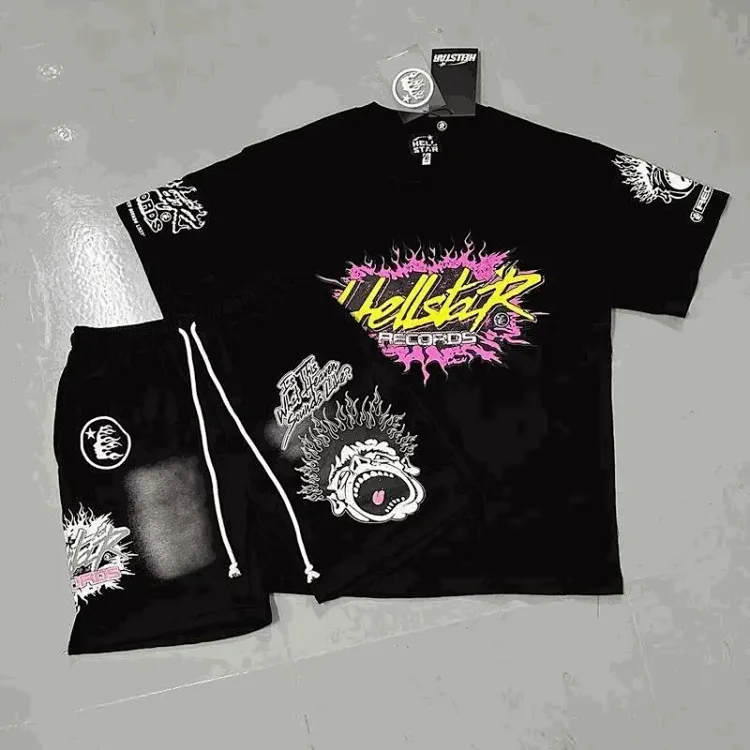 Hellstar Records Black T-Shirt & Shorts Set with Flame Logo