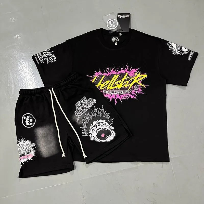 Hellstar Records Black T-Shirt & Shorts Set with Flame Logo