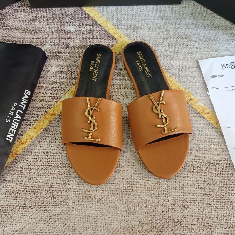 Saint Laurent Black Leather Slides with Gold YSL Logo
