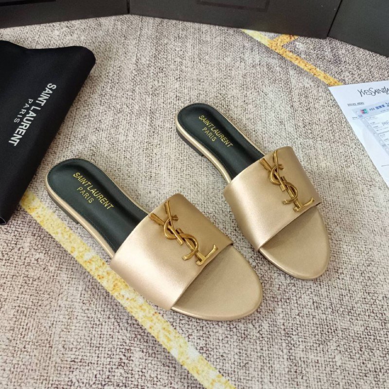 Saint Laurent Black Leather Slides with Gold YSL Logo