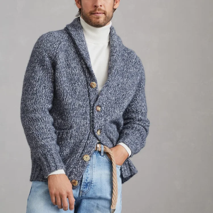 Men's Casual Shawl Collar Cardigan - Blue Melange Men's Sweaters