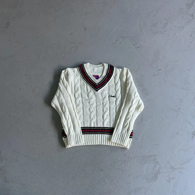 Vintage Cable Knit Sweater with Striped Collar and Cuffs Vintage Sweaters
