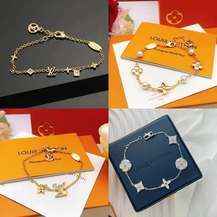 LV Monogram World Tour Bracelet Gold Pearl Chain