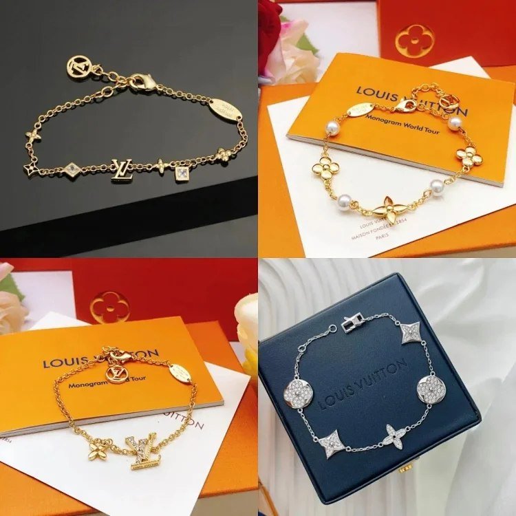 LV Monogram World Tour Bracelet Gold Pearl Chain