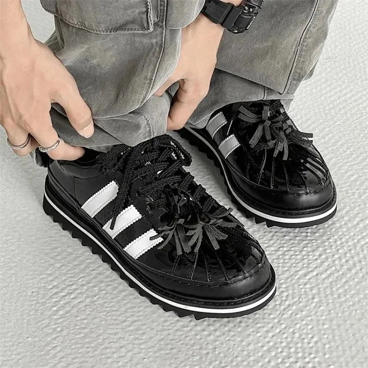 Adidas Black Patent Leather Sneakers with White Stripes