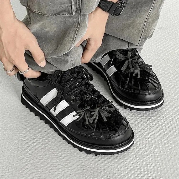 Adidas Black Patent Leather Sneakers with White Stripes