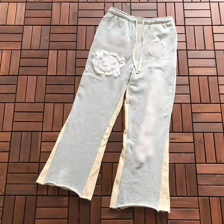 Gray Embroidered Sweatpants with Beige Stripes - Comfortable & Stylish  