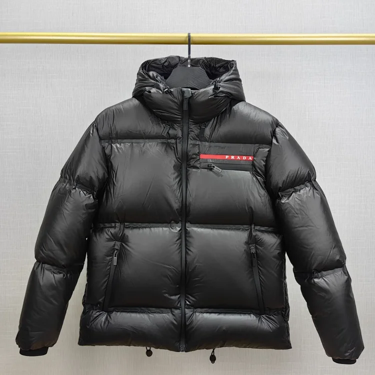 Prada Black Puffer Jacket with Hood and Red Logo  