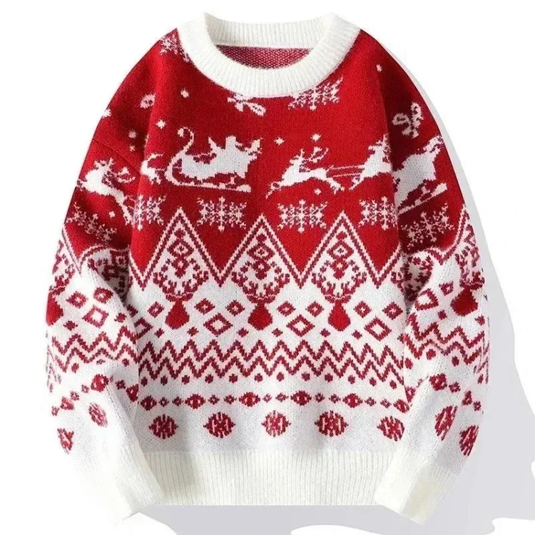 Red Christmas Sweater with Reindeer and Snowflake Pattern  
