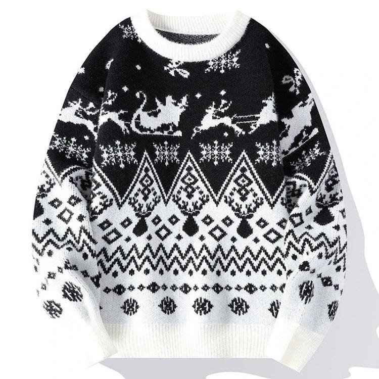 Red Christmas Sweater with Reindeer and Snowflake Pattern  