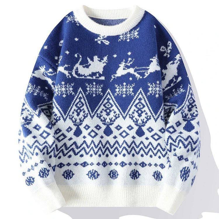 Red Christmas Sweater with Reindeer and Snowflake Pattern  